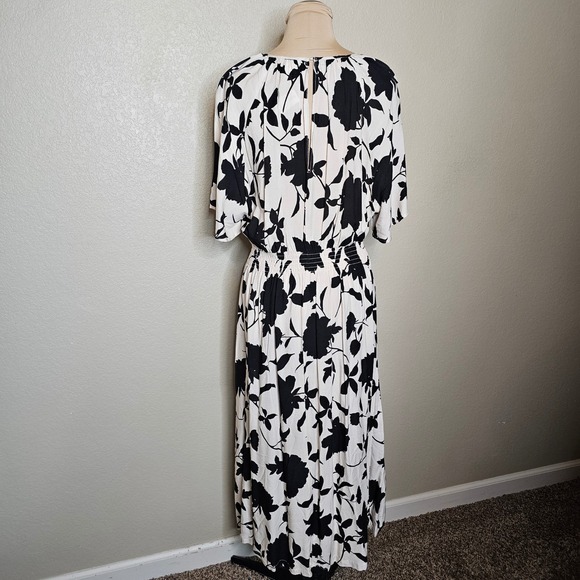 NWT H&M Black White Floral Print Midi Dress Flutter Sleeve Smocked Waist Women L - Picture 5 of 9
